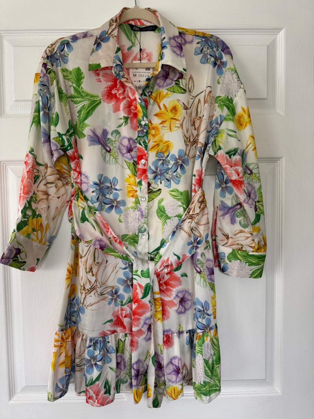 Zara White Floral Tie-Waist Long Sleeve Shirt Dress